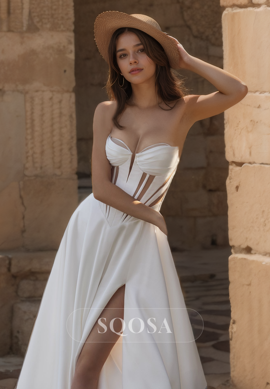 A-Line Sweetheart Sleeveless Strapless Slit Wedding Dress Illusion Cutout with Train