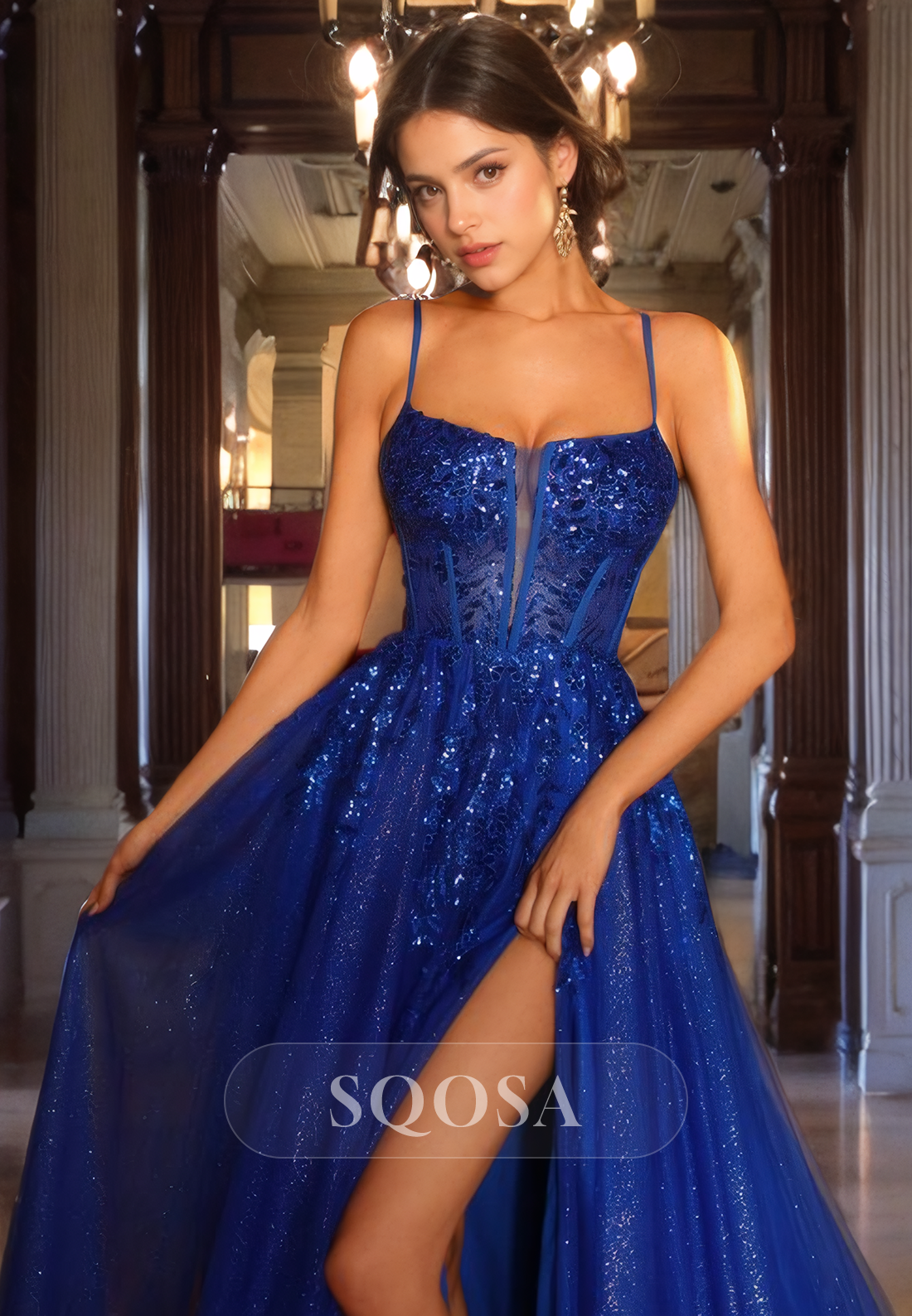 A line Plunging V neck Sequins Appliques Sparkly Prom Dress with Slit Formal Gown