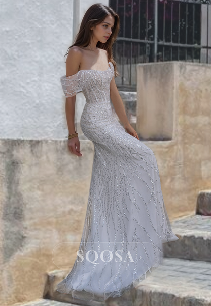 Scoop-Neck Sleeveless Mermaid Weddding Dress Glitter Applique Bridal Dress