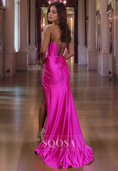 Spaghetti Straps Sweetheart Pleats Long Prom Dress with Slit Formal Gown