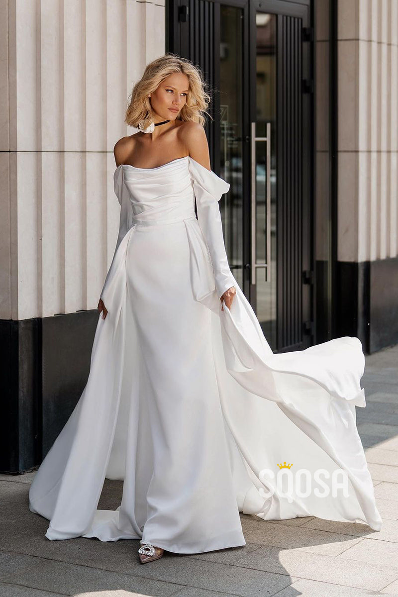 off the shoulder long sleeve dresses Off-Shoulder Long Sleeves Pleats Satin Wedding Dress Bridal Gown With Train QW8018 US4 / White & Ivory