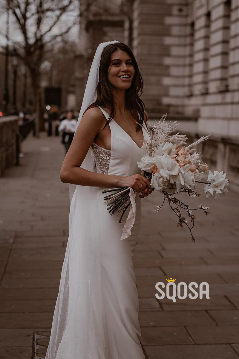 QW8009 - V-Neck Straps Mermaid Sheath Casual Wedding Dress White Simple Bridal Gowns US6 / Custom Color QW8009 - V-Neck Straps Mermaid Sheath Casual Wedding Dress White Simple Bridal Gowns US6 / Custom Color