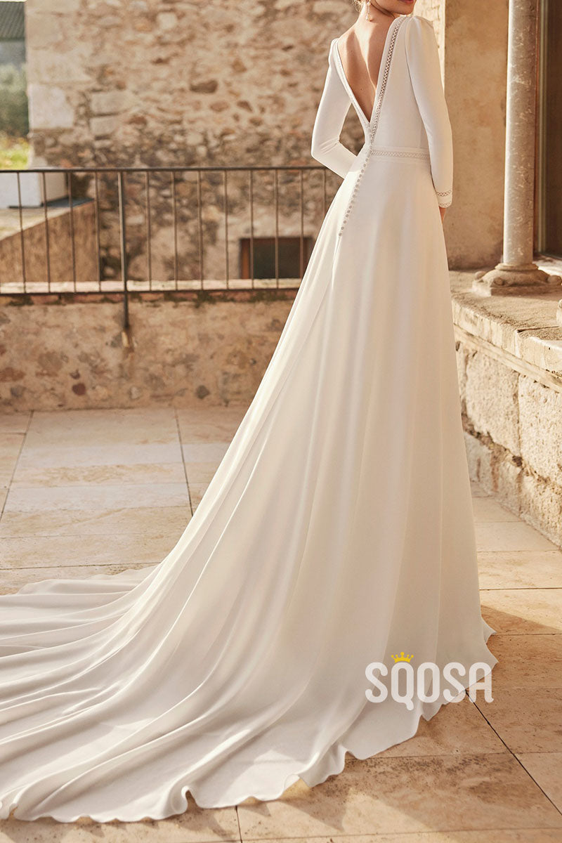 Elegant Satin Fitted Scoop Long Sleeve Beaded With Train Wedding Dress QW8196