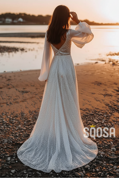 Attractive V-neck Bat Sleeves Sparkly Bohemian Wedding Dress QW2400