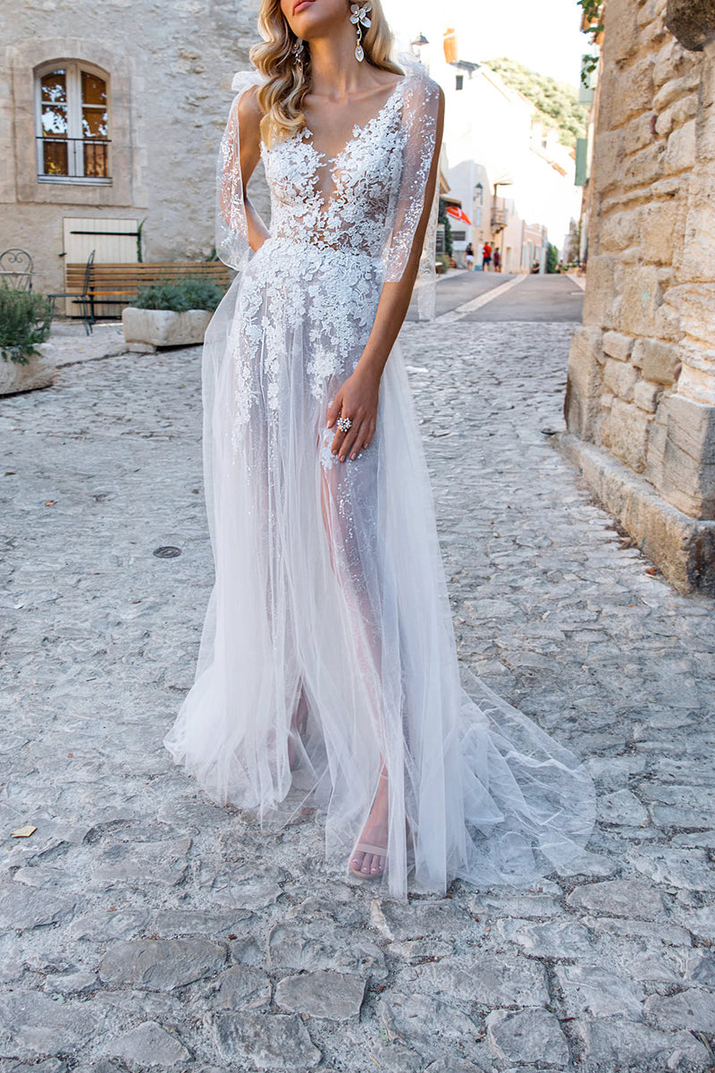 A Line Illusion V Neck Lace Appliques Boho Wedding Dress with Slit Bridal Gown QW2307 US16 / Custom Color A Line Illusion V Neck Lace Appliques Boho Wedding Dress with Slit Bridal Gown QW2307 US16 / Custom Color