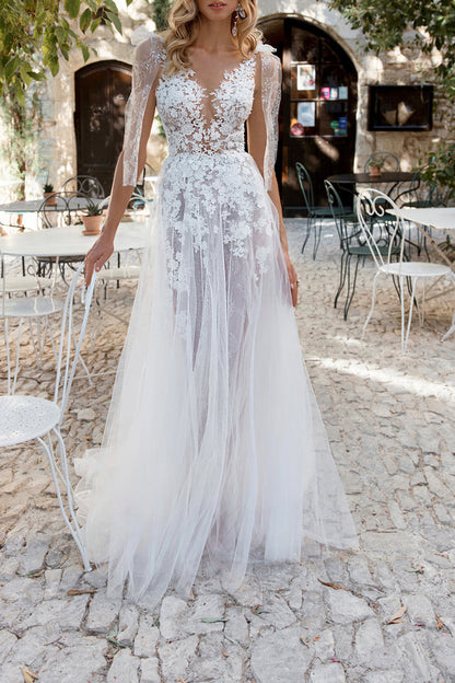 illusion lace and chiffon a line wedding dress Sexy Split Illusion Lace and Chiffon Wedding Dress