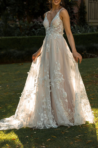 A Line V Neck Lace Appliques Boho Wedding Dress with Sweep Train QW2592