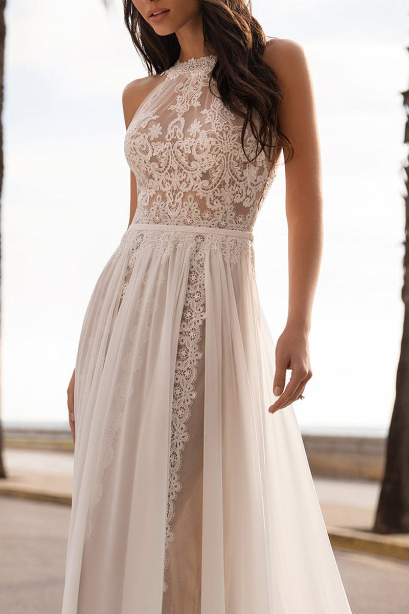 A Line Jewel Neckline Lace Boho Wedding Dress Beach Bridal Gown QW2666 Custom Size / White A Line Jewel Neckline Lace Boho Wedding Dress Beach Bridal Gown QW2666 Custom Size / White