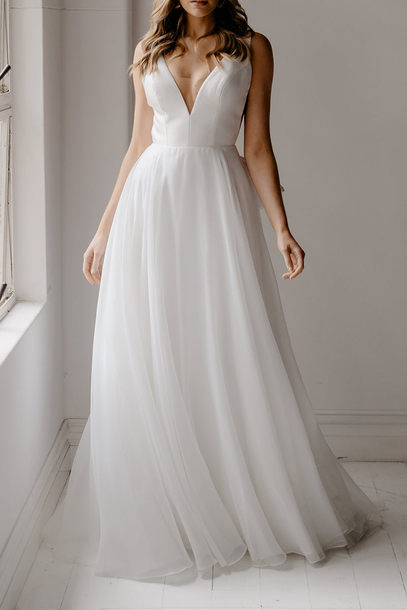 A Line Deep V Neck Ivory Simple Boho Wedding Dress Open Back Bridal Gown QW2579 US6 / Custom Color A Line Deep V Neck Ivory Simple Boho Wedding Dress Open Back Bridal Gown QW2579 US6 / Custom Color