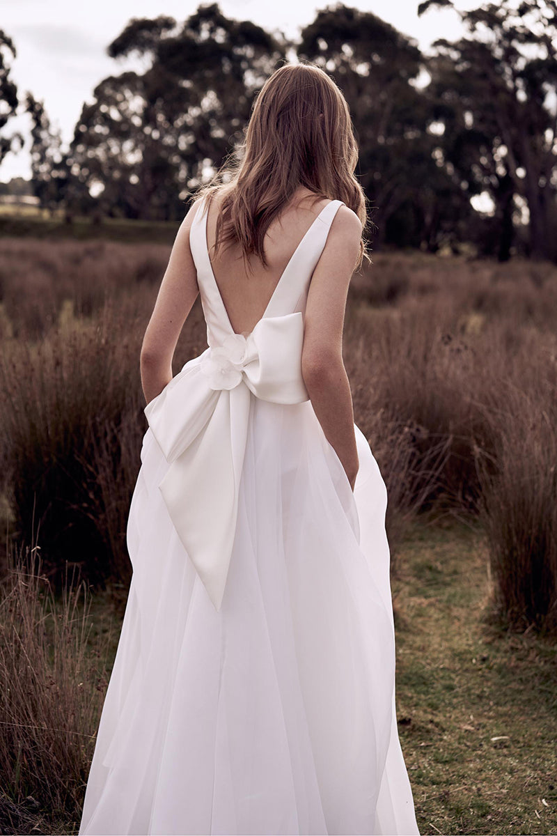 The Sales Rack-Bohemian Satin Bridal Dress With Bow Back