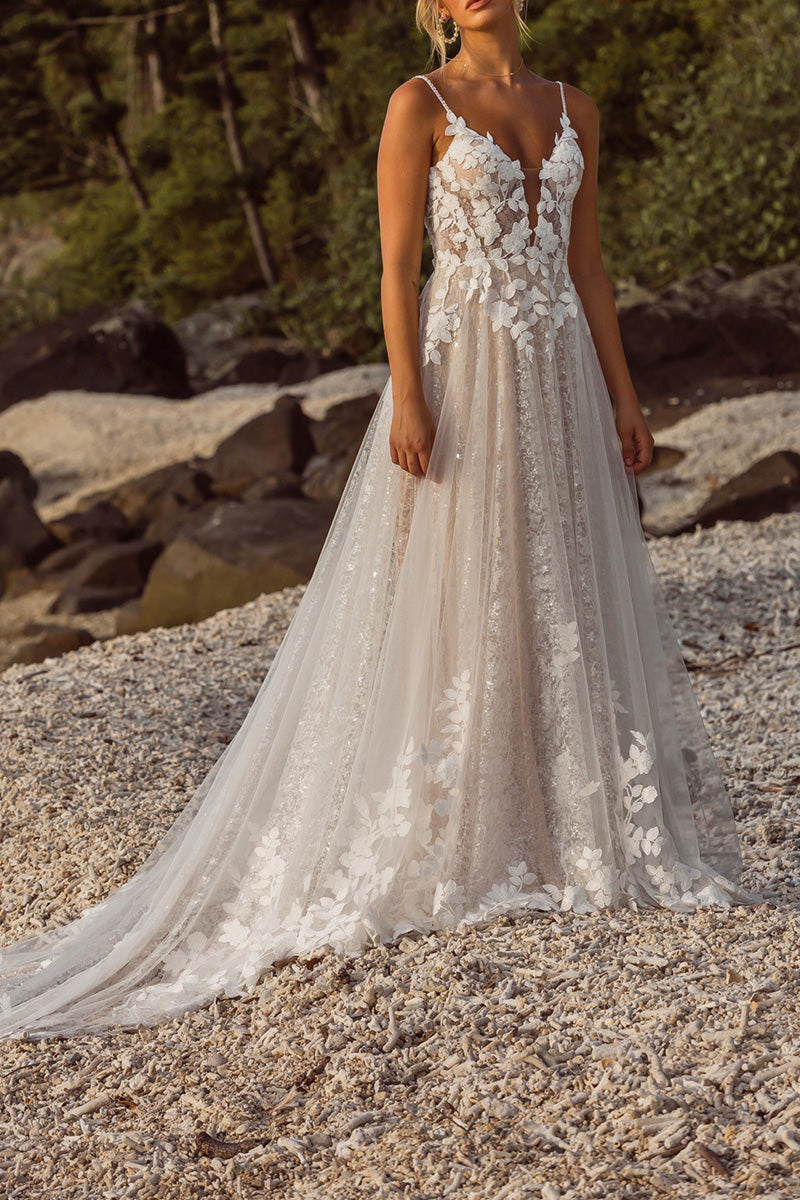 A Line V Neck Lace Appliques Boho Wedding Dress with Sweep Train QW2654 US4 / Custom Color