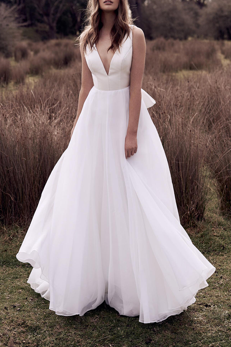 A Line Deep V Neck Ivory Simple Boho Wedding Dress Open Back Bridal Go – SQOSA