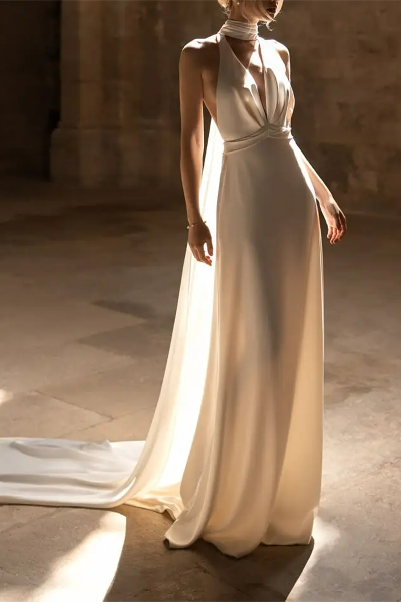 A Line Unique Halter Sexy Backless Boho Wedding Dress with Sweep Train QW2573 Custom Size / Ivory A Line Unique Halter Sexy Backless Boho Wedding Dress with Sweep Train QW2573 Custom Size / Ivory