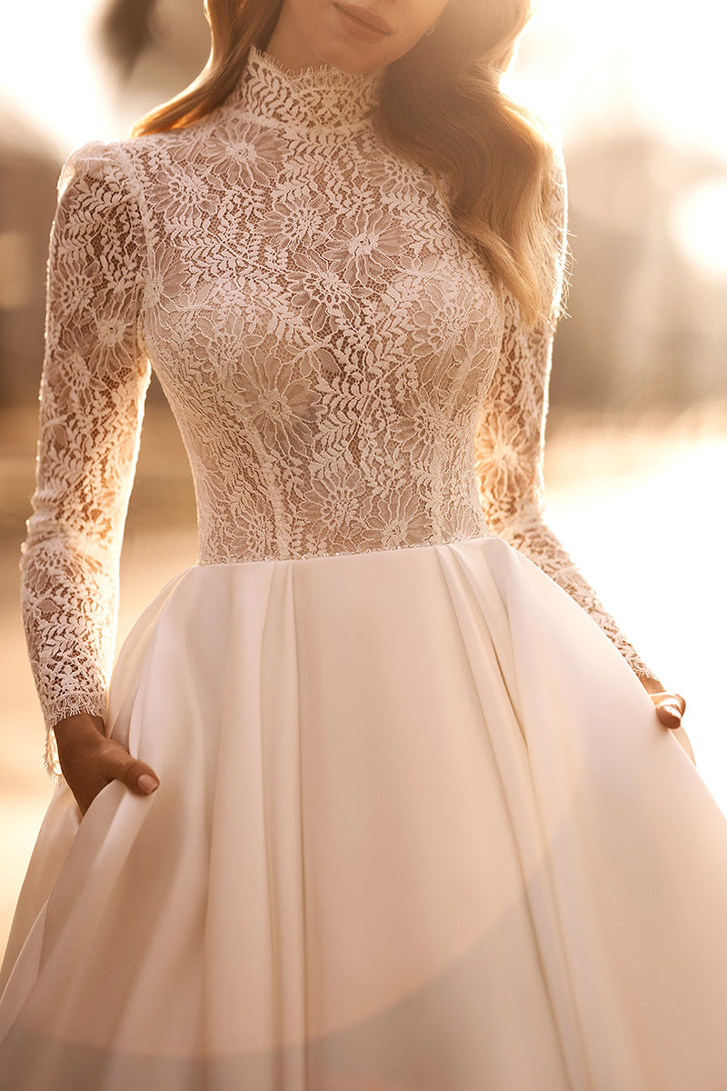 A Line Muslim High Neck Lace Long Sleeves Rustic Wedding Dress with Pockets QW0841 US6 / Ivory A Line Muslim High Neck Lace Long Sleeves Rustic Wedding Dress with Pockets QW0841 US6 / Ivory