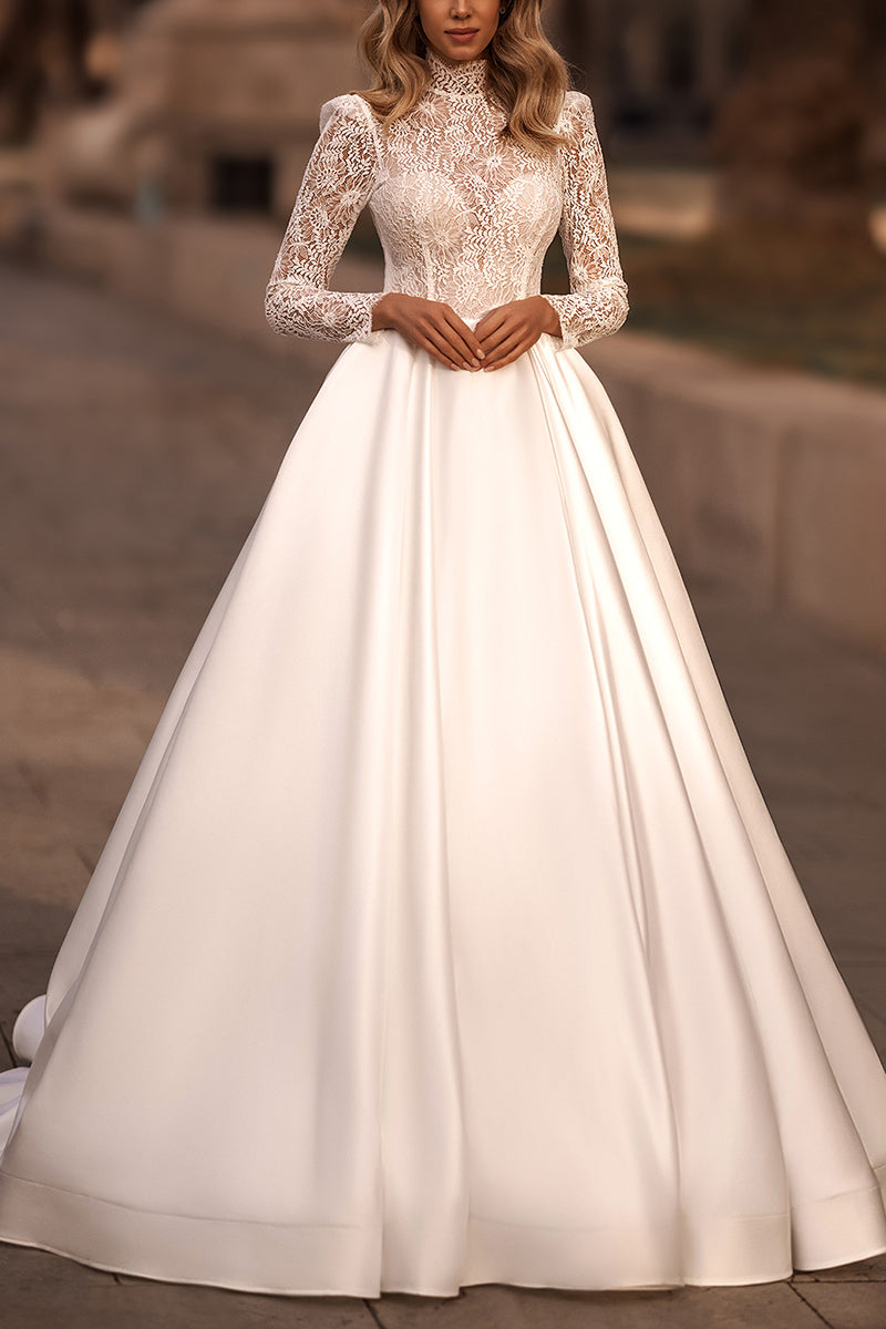 A Line Muslim High Neck Lace Long Sleeves Rustic Wedding Dress with Pockets QW0841 US6 / Ivory