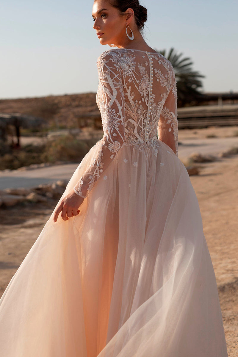 A Line Illusion Neckline Lace Long Sleeves Boho Beach Wedding Dress QW – SQOSA