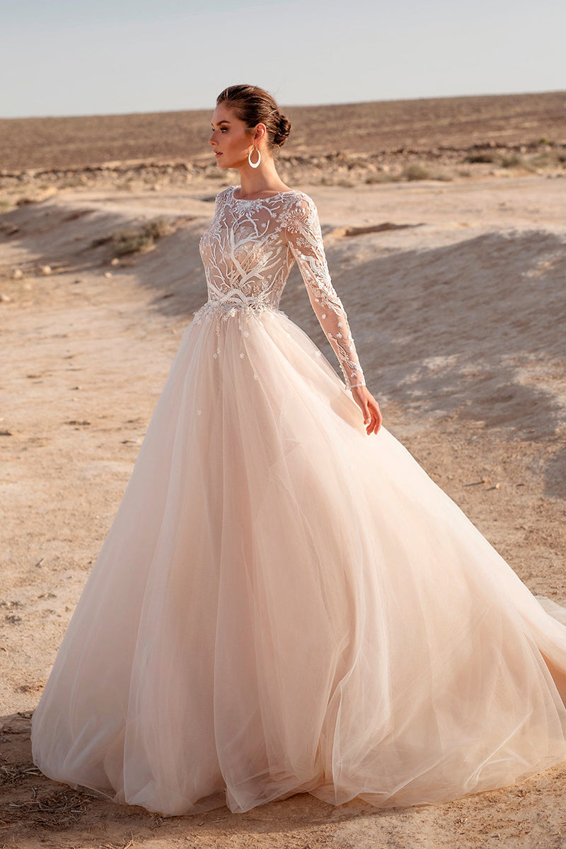A Line Illusion Neckline Lace Long Sleeves Boho Beach Wedding Dress QW2122 US6 / Custom Color