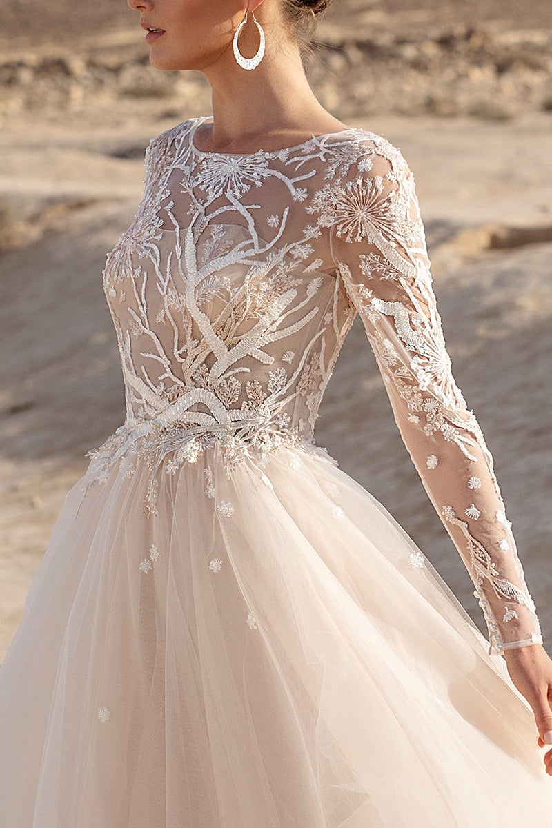 A Line Illusion Neckline Lace Long Sleeves Boho Beach Wedding Dress QW2122 US6 / Custom Color A Line Illusion Neckline Lace Long Sleeves Boho Beach Wedding Dress QW2122 US6 / Custom Color