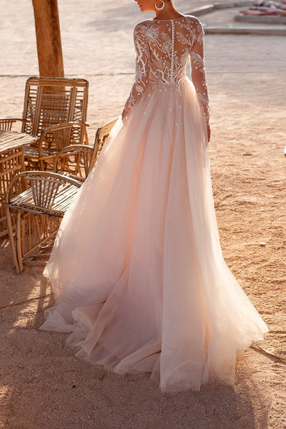 A Line Illusion Neckline Lace Long Sleeves Boho Beach Wedding Dress QW2122 US6 / As Picture A Line Illusion Neckline Lace Long Sleeves Boho Beach Wedding Dress QW2122 US6 / As Picture
