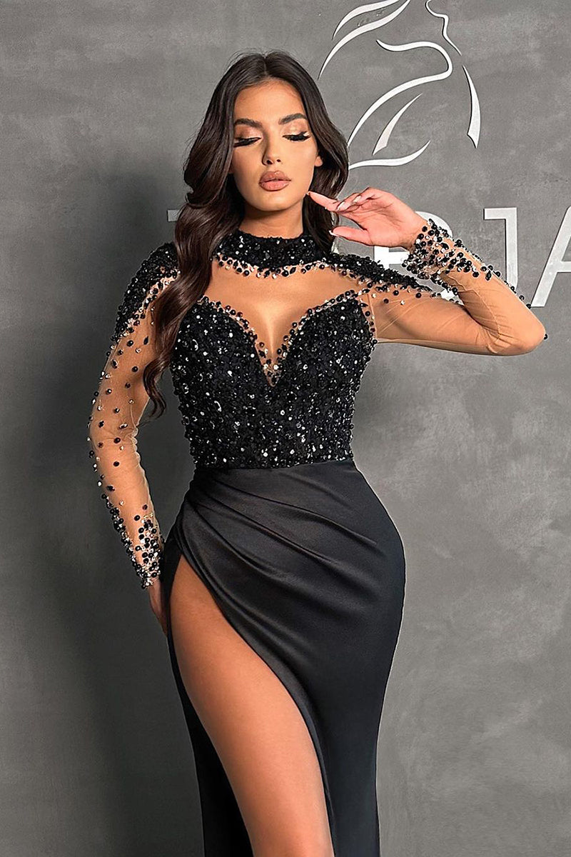 Illusion Neckline Beads Sexy High Split Black Long Sleeves Formal