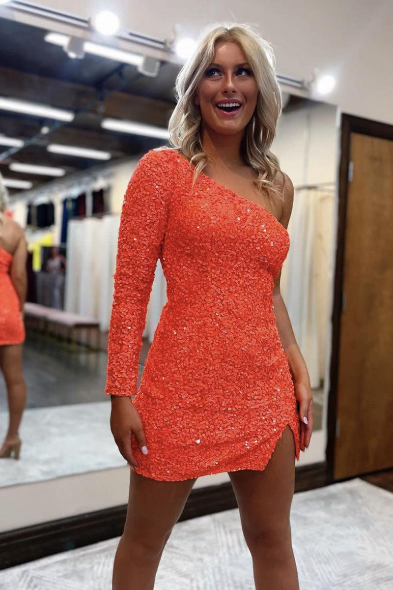 Sheath/Column One Shoulder Fully Sequins Long Sleeves Homecoming Dress Tight QH2391 US4 / Custom Color
