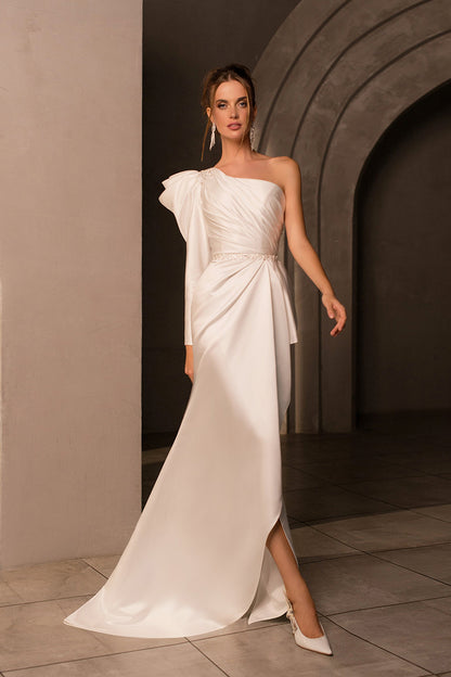 one shoulder white dress long sleeve White One Shoulder Dress with Feather Slit and Flowing Cape Sleeve Walone LLC