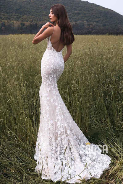 Sexy V neck Romantic Lace Wedding Dress Backless Mermaid Wedding Gown QW0954 US14 / Ivory Sexy V neck Romantic Lace Wedding Dress Backless Mermaid Wedding Gown QW0954 US14 / Ivory