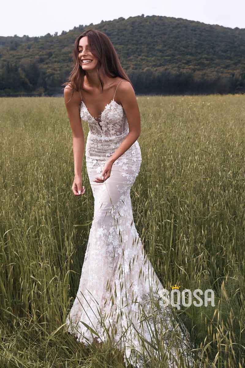 Sexy V neck Romantic Lace Wedding Dress Backless Mermaid Wedding Gown QW0954 US14 / Ivory Sexy V neck Romantic Lace Wedding Dress Backless Mermaid Wedding Gown QW0954 US14 / Ivory