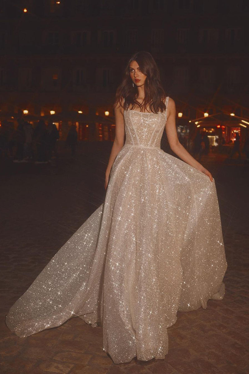 A Line Square Neckline Sparkly Boho Wedding Dress with Sweep Train QW2595 US6 / Custom Color