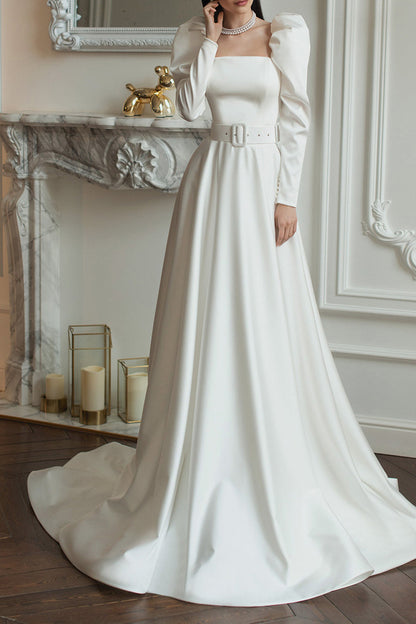 A Line Square Long Sleeves Satin Vintage Wedding Dress with Court Train QW2290 US2 / Custom Color A Line Square Long Sleeves Satin Vintage Wedding Dress with Court Train QW2290 US2 / Custom Color