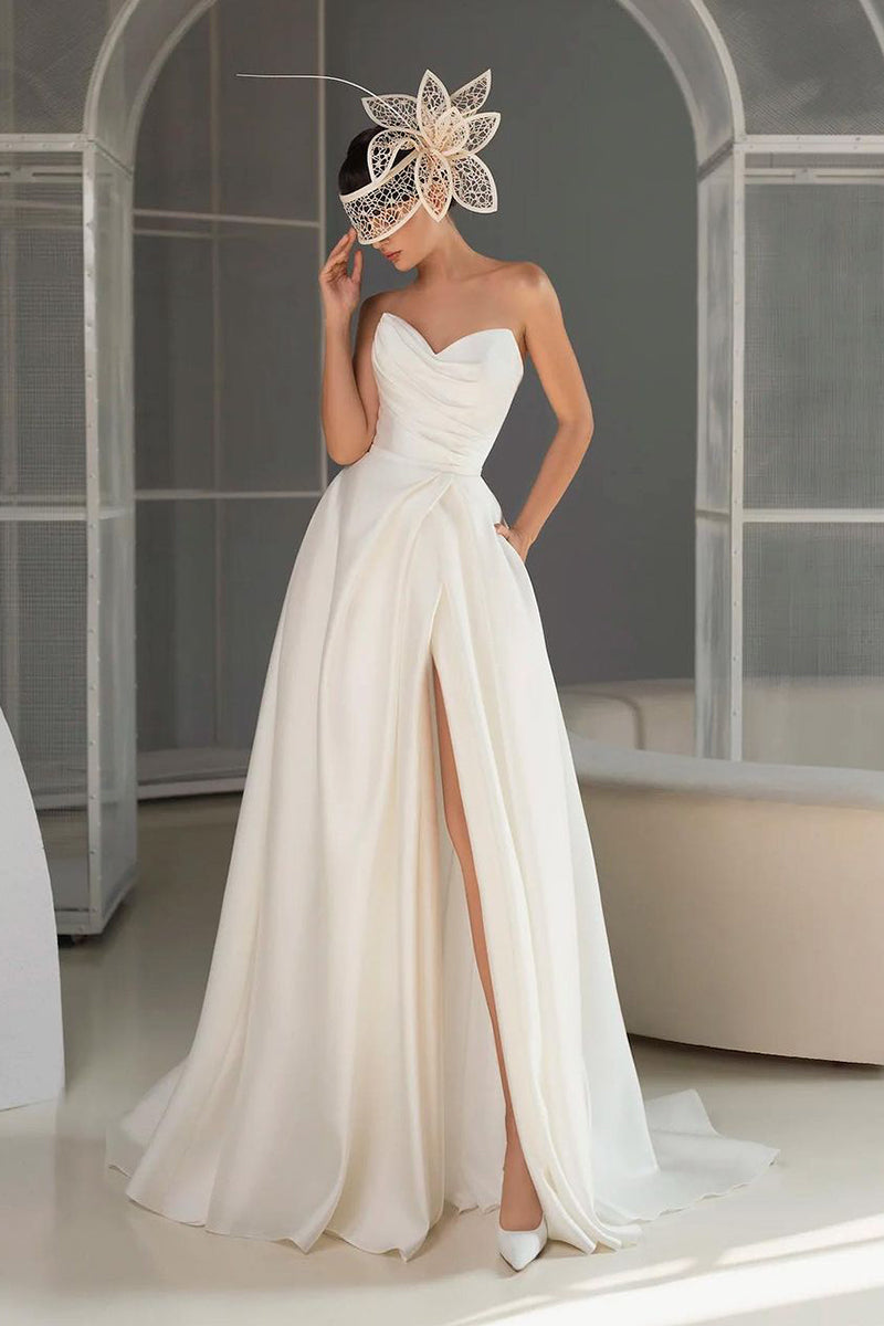 A Line Sweetheart Satin Pleats Simple Wedding Dress with Pockets QW0848 US4 / Custom Color