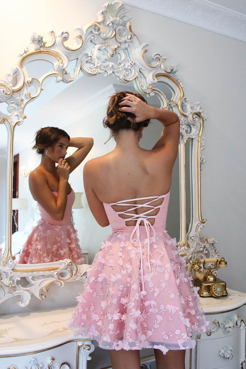 A Line Strapless Lace Cute Homecoming Dress Short Party Gown QH0818 SQOSA A Line Strapless Lace Cute Homecoming Dress Short Party Gown QH0818 SQOSA