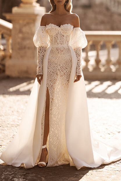 Roamtic Lace Wedding Dress with Detachable Skirt Sweetheart Long Sleeves Bridal Gown QW0824 US14 / Custom Color Roamtic Lace Wedding Dress with Detachable Skirt Sweetheart Long Sleeves Bridal Gown QW0824 US14 / Custom Color