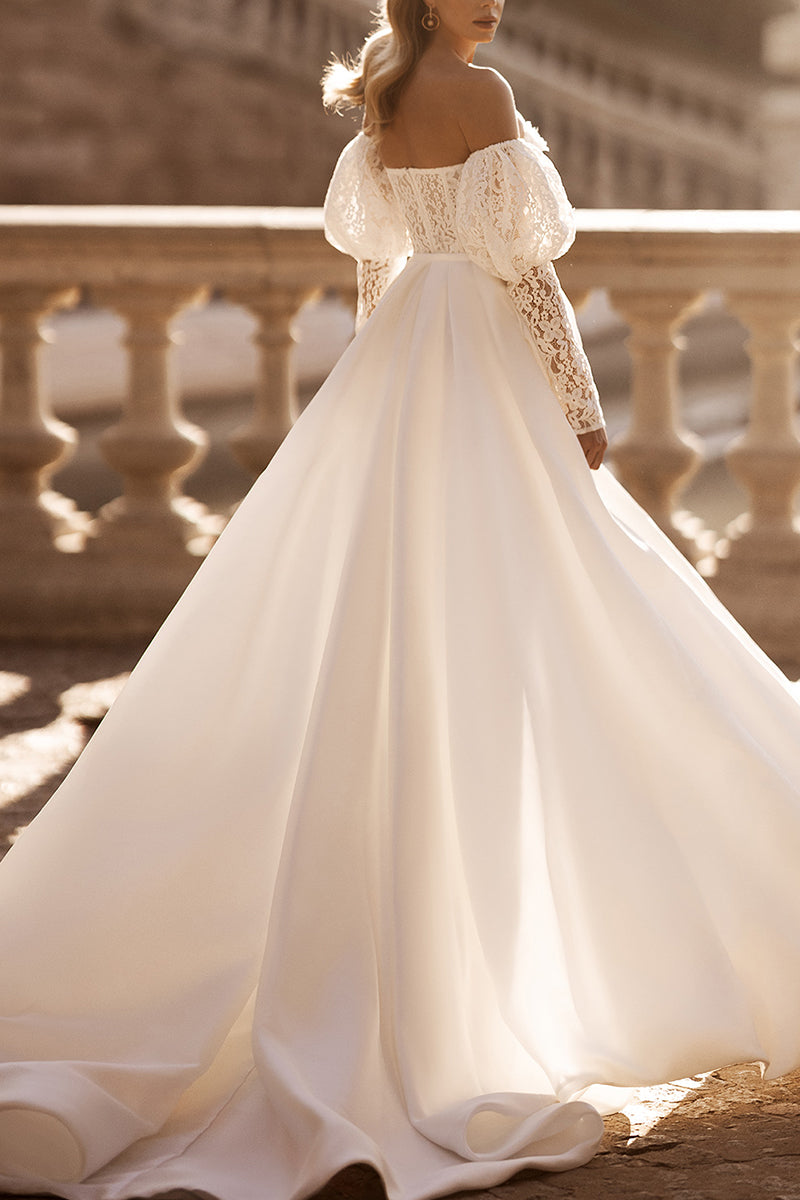 Roamtic Lace Wedding Dress with Detachable Skirt Sweetheart Long Sleeves Bridal Gown QW0824 US14 / Custom Color Roamtic Lace Wedding Dress with Detachable Skirt Sweetheart Long Sleeves Bridal Gown QW0824 US14 / Custom Color