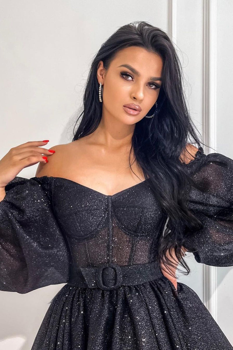 A Line V neck Long Sleeves Black Sparkly Prom Dress Short Homecoming Dress QH2494 US10 / As Pic A Line V neck Long Sleeves Black Sparkly Prom Dress Short Homecoming Dress QH2494 US10 / As Pic