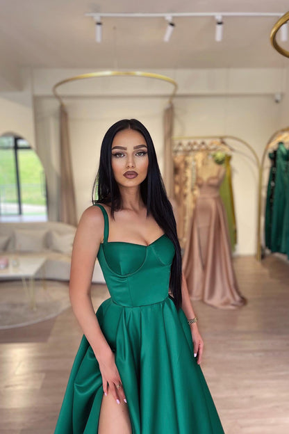 A Line Sweetheart High Split Green Long Prom Dress with Pockets QP1071 ...