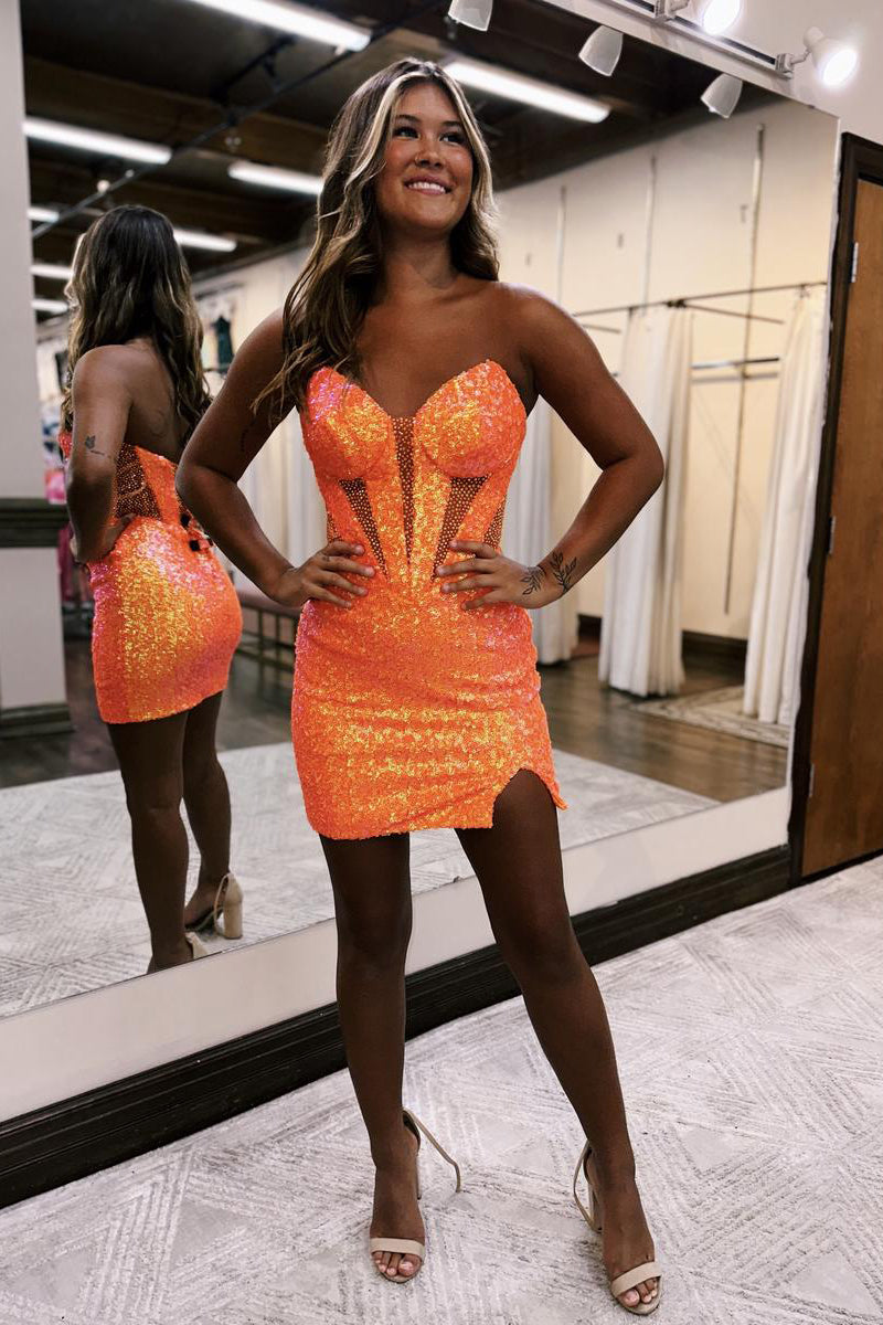 Illusion V neck Sequins Short Homecoming Dress Tight QH2539 US2 / Orange Illusion V neck Sequins Short Homecoming Dress Tight QH2539 US2 / Orange