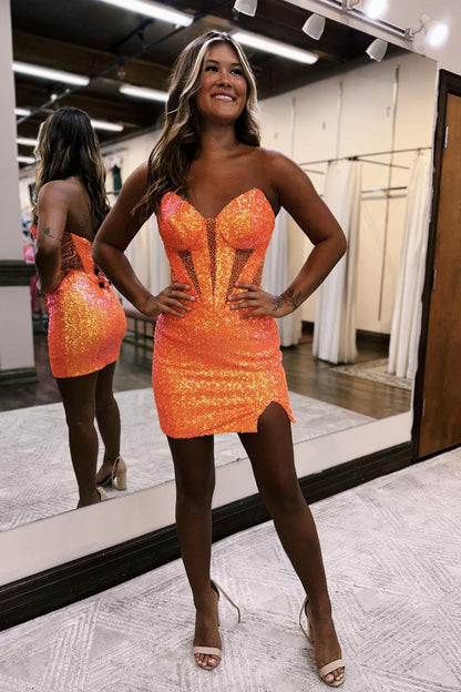 Illusion V neck Sequins Short Homecoming Dress Tight QH2539 US2 / Orange Illusion V neck Sequins Short Homecoming Dress Tight QH2539 US2 / Orange