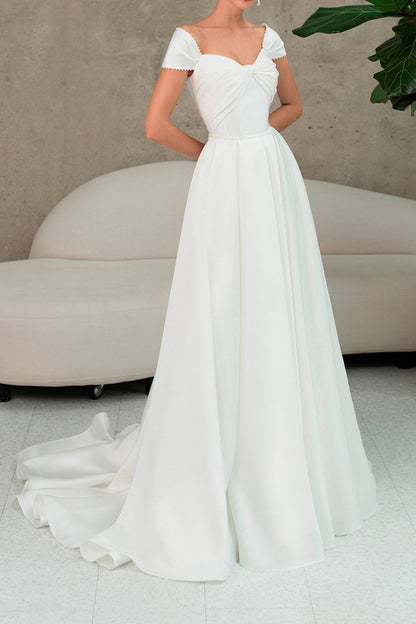 A Line Sweetheart Cap Sleeves Beach Wedding Dress with Slit QW2124 – SQOSA