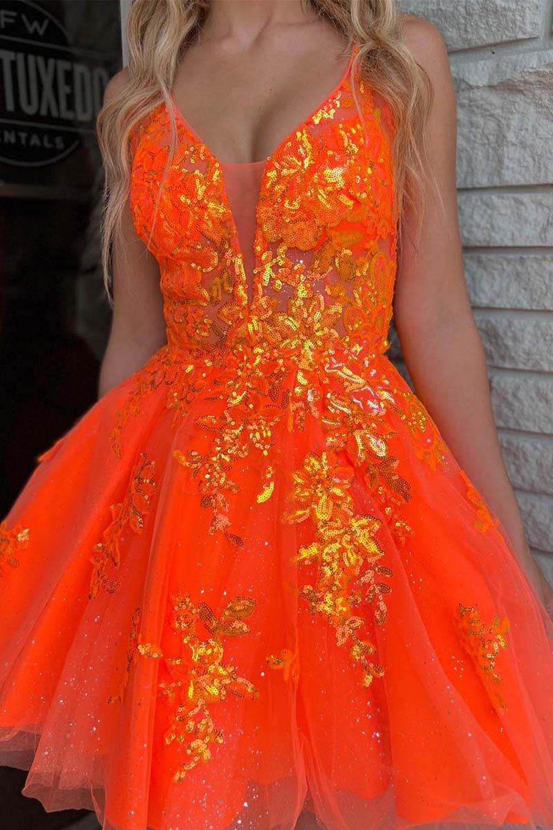 A Line V neck Sequins Appliques Orange Homecoming Dress Short Graduation Dress QH2455 Custom Size / Orange A Line V neck Sequins Appliques Orange Homecoming Dress Short Graduation Dress QH2455 Custom Size / Orange