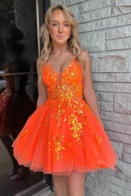 A Line V neck Sequins Appliques Orange Homecoming Dress Short Graduation Dress QH2455 Custom Size / Orange A Line V neck Sequins Appliques Orange Homecoming Dress Short Graduation Dress QH2455 Custom Size / Orange