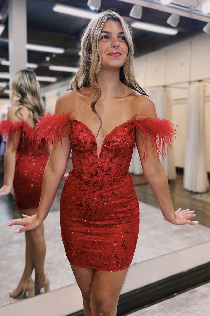 Sexy V neck Feathers Sheath/Column Red Short Homecoming Dress QH2549 US6 / Red Sexy V neck Feathers Sheath/Column Red Short Homecoming Dress QH2549 US6 / Red