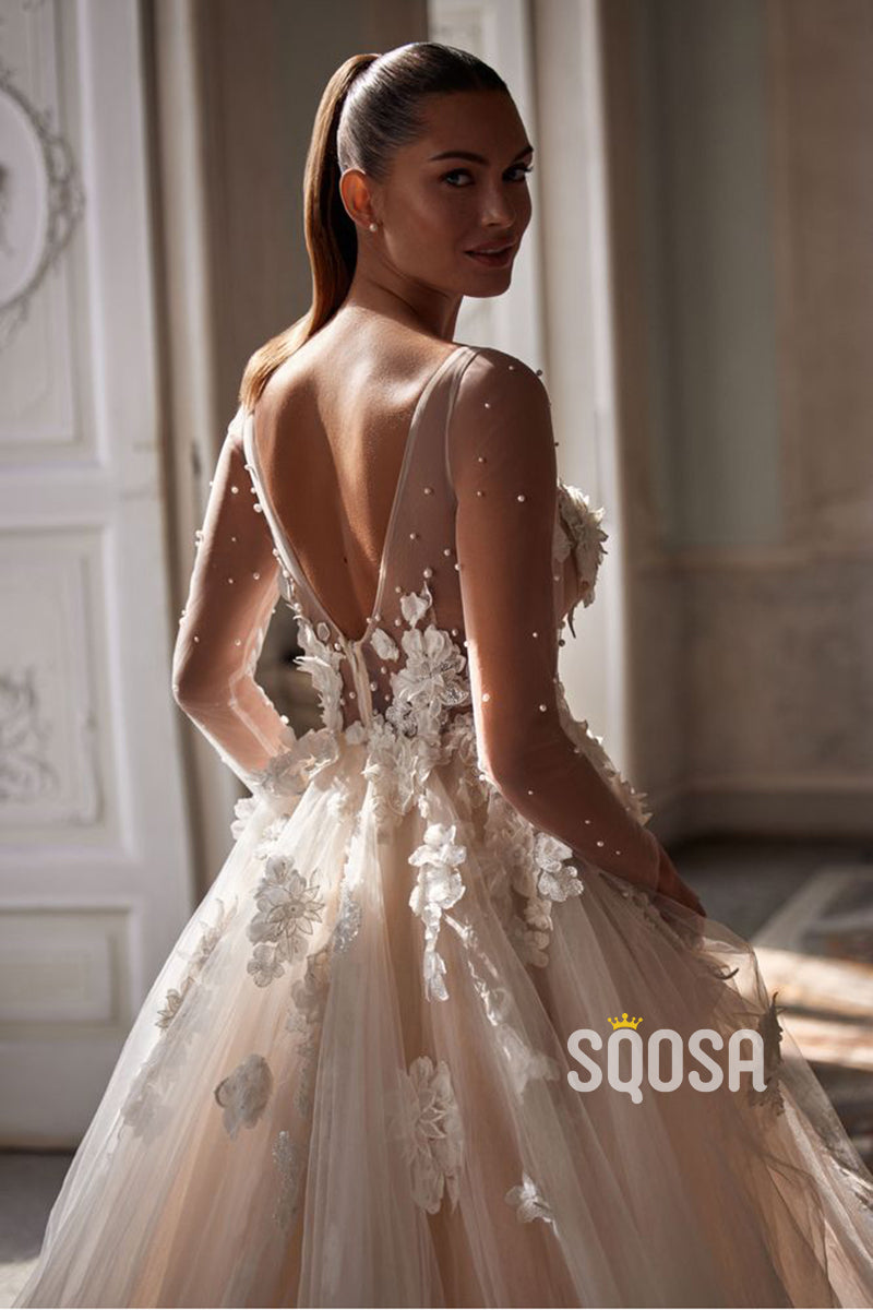 A Line Deep V neck 3D Lace Long Sleeves Romantic Wedding Dress with Court Train QW2227 Custom Size / Ivory A Line Deep V neck 3D Lace Long Sleeves Romantic Wedding Dress with Court Train QW2227 Custom Size / Ivory
