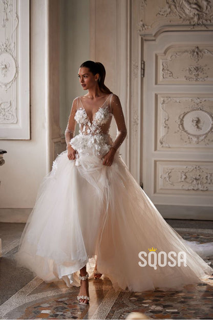 A Line Deep V neck 3D Lace Long Sleeves Romantic Wedding Dress with Court Train QW2227 Custom Size / Ivory A Line Deep V neck 3D Lace Long Sleeves Romantic Wedding Dress with Court Train QW2227 Custom Size / Ivory