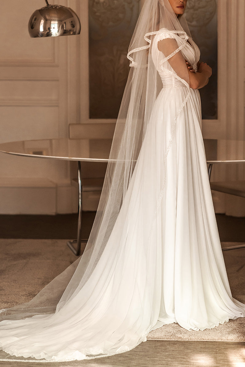 A line V neck Beads Chiffon Pleats Beach Wedding Dress with Slit QW0843 US10 / Custom Color A line V neck Beads Chiffon Pleats Beach Wedding Dress with Slit QW0843 US10 / Custom Color
