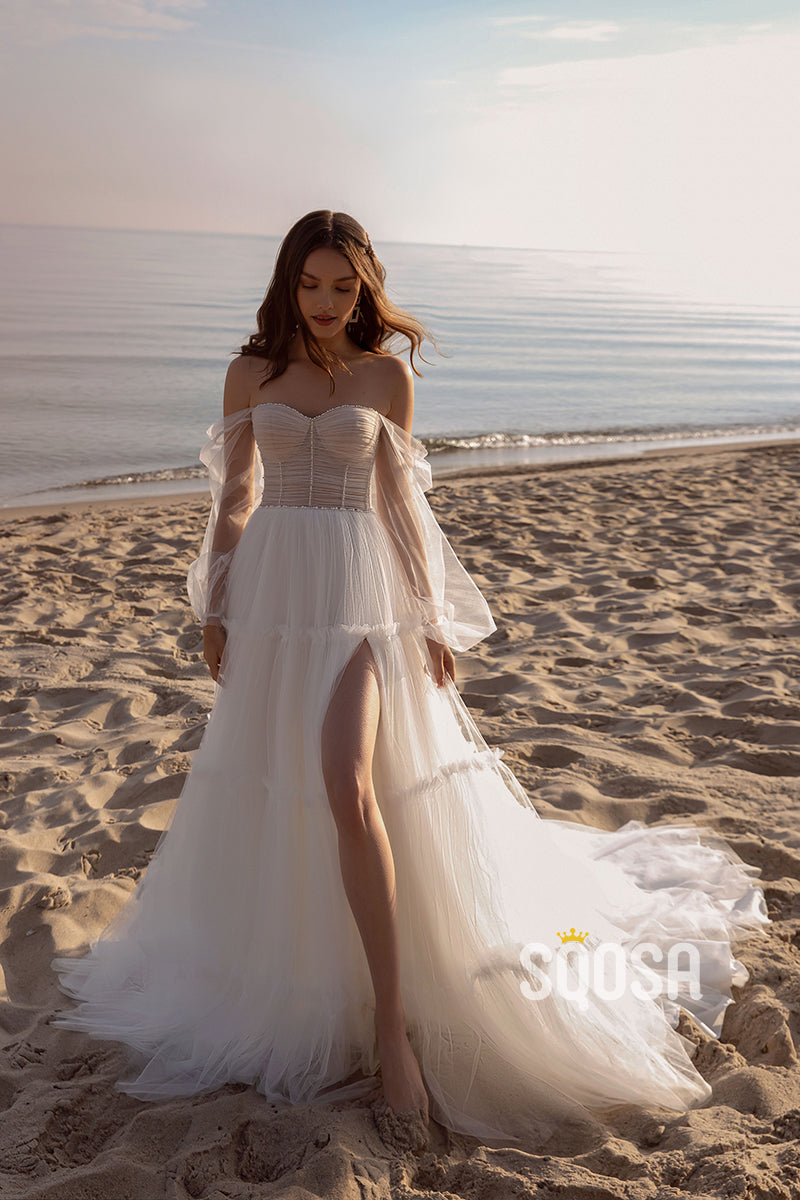 QW8028 - A-Line Tulle Beaded Off-Shoulder Sheer Wedding Boho Dress Simple Bridal Gowns US6 / White & Ivory QW8028 - A-Line Tulle Beaded Off-Shoulder Sheer Wedding Boho Dress Simple Bridal Gowns US6 / White & Ivory