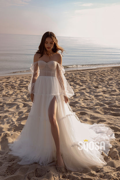 QW8028 - A-Line Tulle Beaded Off-Shoulder Sheer Wedding Boho Dress Sim SQOSA QW8028 - A-Line Tulle Beaded Off-Shoulder Sheer Wedding Boho Dress Sim SQOSA