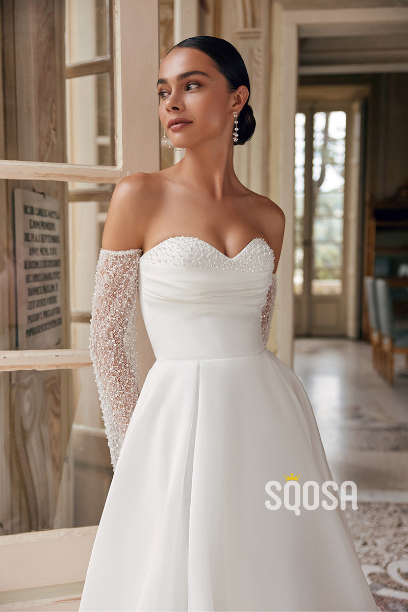 A-Line Strapless Pearls Casual Wedding Dress Bridal Gowns With Train Q SQOSA A-Line Strapless Pearls Casual Wedding Dress Bridal Gowns With Train Q SQOSA