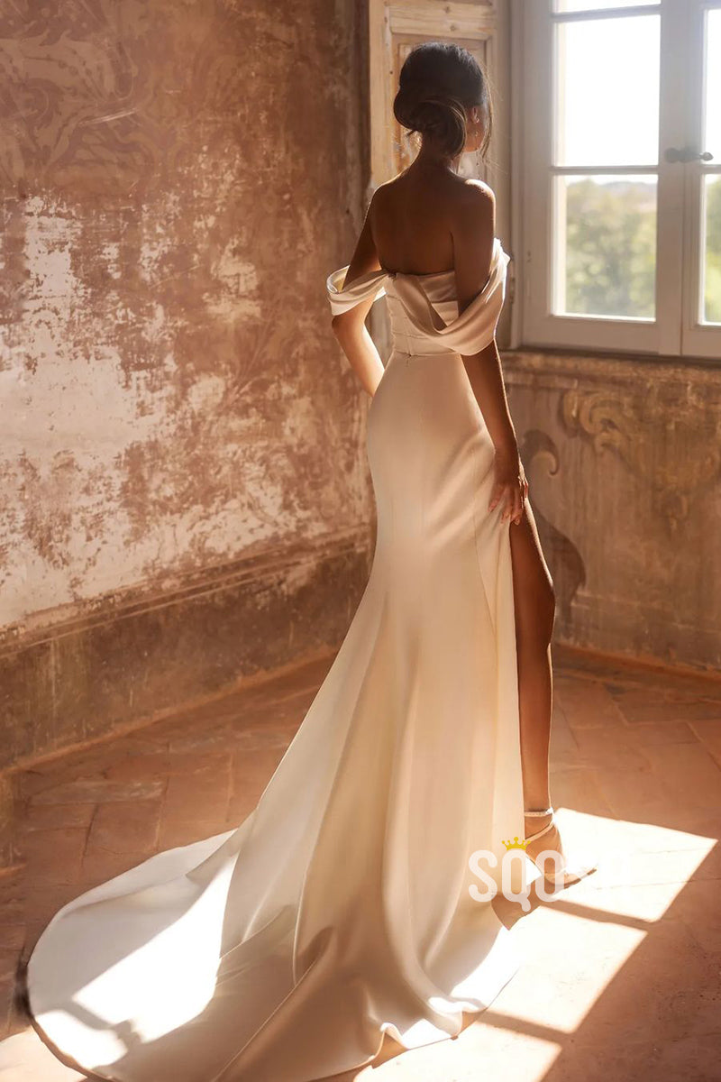 Detachable Off-Shoulder Satin Fitted Pleats With Side Slit Wedding Dress QW8092 US8 / Custom Color Detachable Off-Shoulder Satin Fitted Pleats With Side Slit Wedding Dress QW8092 US8 / Custom Color