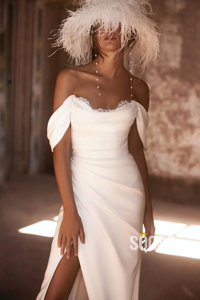 Detachable Off Shoulder Satin Fitted Pleats with Side Slit Wedding Dress QW8092 US8 Custom Color